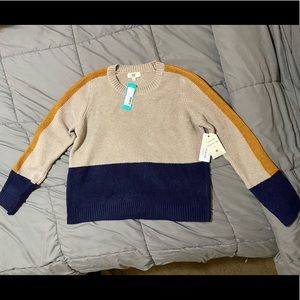 NWT Stitch Fix exclusive. Pinque color block sweater. Beige Mustard and Navy.